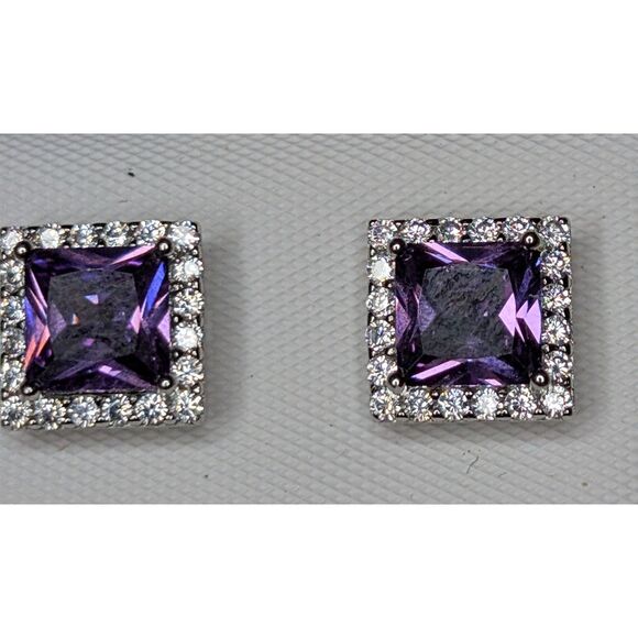 Sterling Silver Purple Gemstone Stud Earrings – Square Cut with Clear Accents - Picture 3 of 3